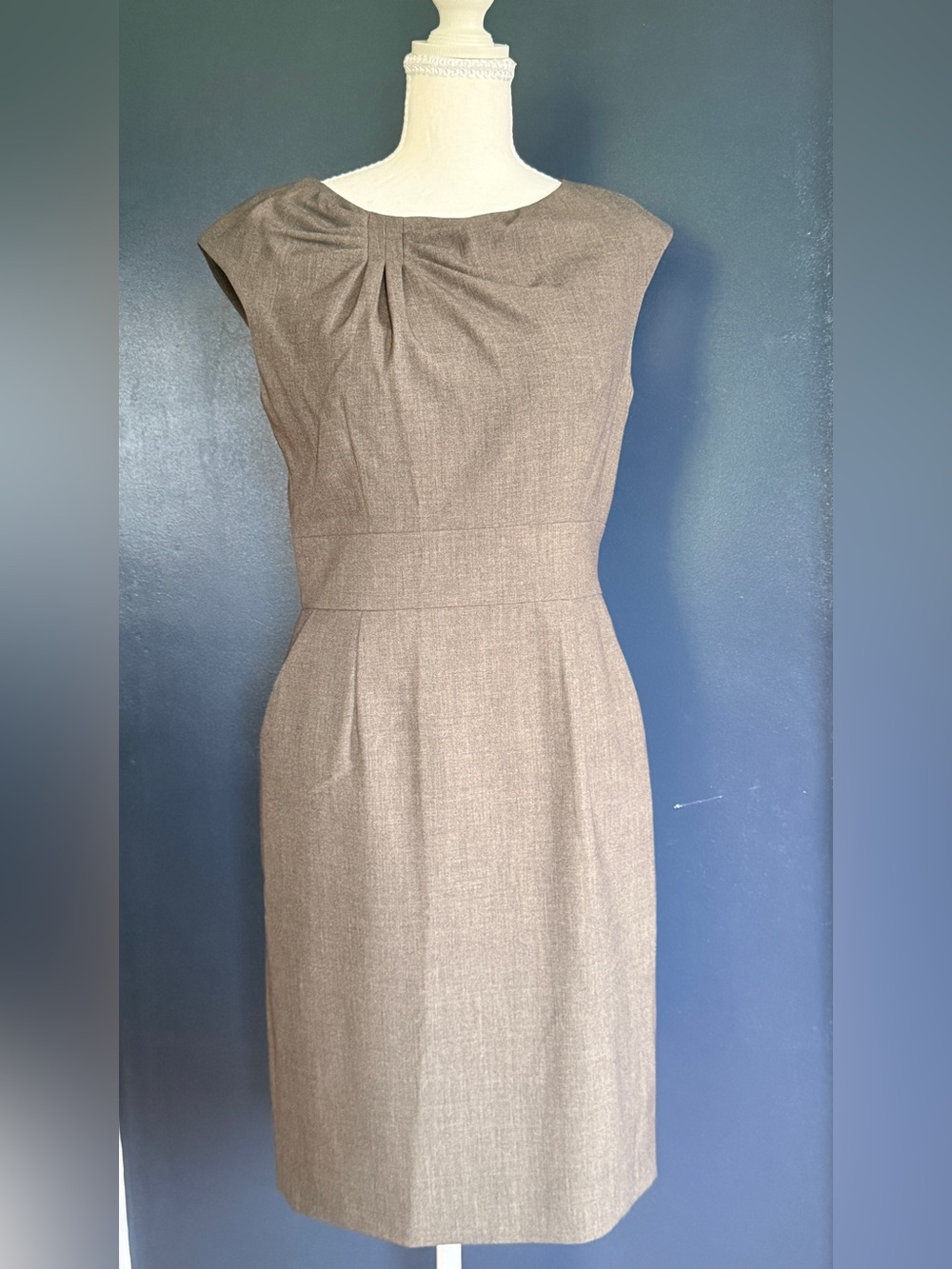 Calvin Klein Gray-Taupe Sheath Dress with Pleated Bodice